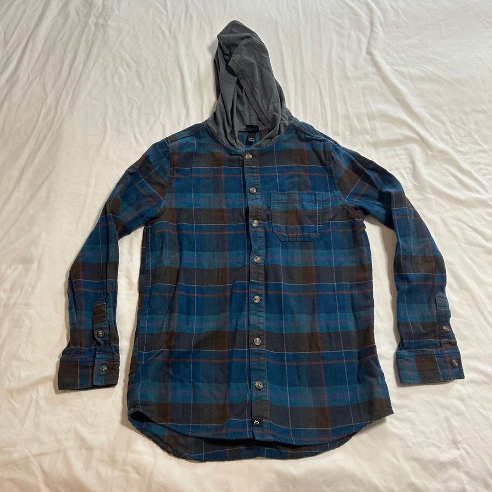 Art Class Boys Hooded Flannel Shirt Blue Brown Plaid L 12/14 Button Down Hoodie